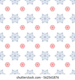 Snowflake seamless pattern. Snowflakes pattern. Vector snowflakes background. Flat design of blue and pink snowflakes isolated on white background.