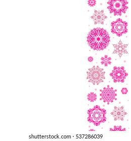 Snowflake seamless pattern. Vector snowflakes background. Vertical flat design of magenta and pink snowflakes isolated on white background. Snowflakes pattern with copy space (place for your text).