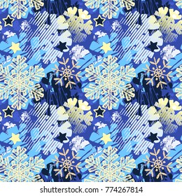  Snowflake seamless winter hand drawn  pattern. Funky style painted  texture, poster with different doodles for textile, wrapping, decoration, greeting card, poster