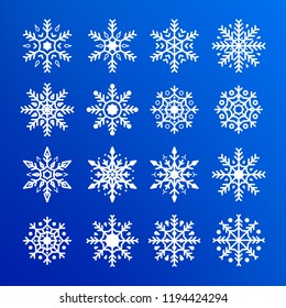 Snowflake set. Abstract collection of white snowflakes. New Year and Christmas design decoration elements. Flat Vector illustration isolated on blue background