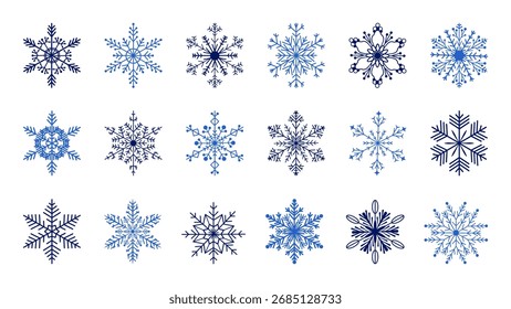 Conjunto de copo de nieve. Un hermoso conjunto de copos de nieve en diferentes colores para el diseño. Increíbles copos de nieve sobre un fondo blanco. Ilustración vectorial.