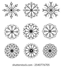 Conjunto de copo de nieve negro sobre blanco Ilustración vectorial de stock para Web, para imprimir, para objeto de impresión de tela aislado