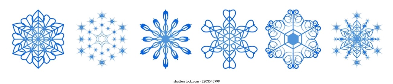 Juego de copas de nieve. Los copos de nieve azules en un fondo aislado. Un conjunto de iconos de copos de nieve. Recolección de copos de nieve navideños. Ilustración vectorial.