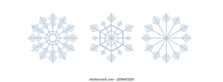 Juego de copas de nieve. Elementos de la tarjeta de felicitación de Navidad y Año Nuevo. Ilustración vectorial plana. Icono de copos de nieve. Logo de la nieve de cristal aislado en blanco