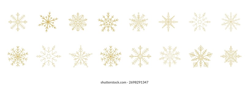 Snowflake set, elegant golden silhouettes of snowflakes, winter crystal. Line ornament, sparkles festive design element. Trendy different shapes of snow, 