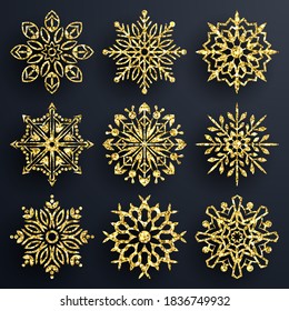 Snowflake set gold glitter texture background. Christmas decoration, golden snowflake with bright glitter. Christmas and New Year background. Collection vector stock illustration