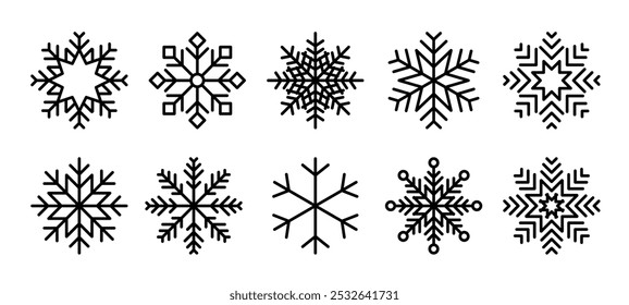 Conjunto de copo de nieve aislado sobre fondo transparente. Ornamento de la nieve del patrón del invierno. Escarcha. Icono de Navidades. Ilustración vectorial