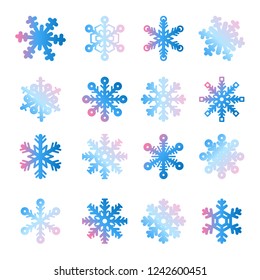 Snowflake set in modern style, Christmas, New Year, winter symbol. Vector set vibrant gradient snowflakes, icon on white background. Snowflakes pack. Winter decoration elements. Vector illustration. 