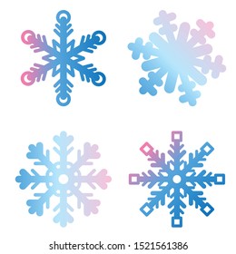 Snowflake set in modern style, Christmas, New Year, winter symbol. Vector set vibrant gradient snowflakes, icon on white background. Snowflakes pack. Winter decoration elements. Vector illustration. 