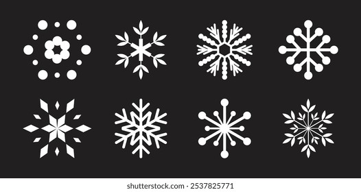 Snowflake set on isolated black background. Snowflake collection. Frost icon set. Christmas icon. Vector snowflakes blue and white. Vector illustration of snowflakes of different shapes.