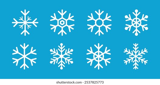 Floco de neve definido em fundo azul isolado. Coleção de flocos de neve. Ícone de geada definido. Ícone de Natal. Flocos de neve vetorial azul e branco. Ilustração vetorial de flocos de neve de diferentes formas.