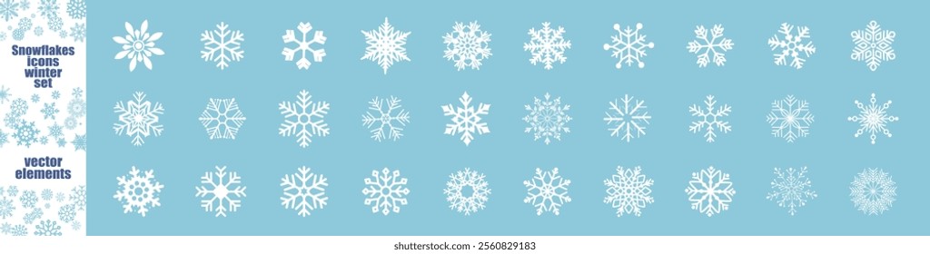 Snowflake set on isolated transparent background. Frost background. Christmas icon