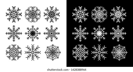 Snowflake set on white and black background. Vector illustration. Can be used for greeting card, invitation, banner, web
