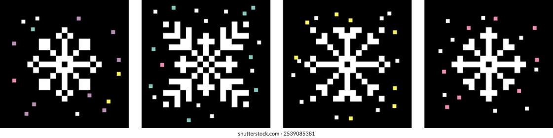 Snowflake set. Pixel art. Minimalist winter season square cards. Xmas elements. Mood of 90's. 8-bit retro style vector illustration. Geometric shape. Christmas, New Year design. Black and white colors