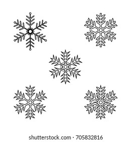Snowflake set. Snow flake icon. Silhouette design black snowflake on white background. Symbol of winter, decoration and Christmas holiday season. Isolated graphic element. Flat vector illustration