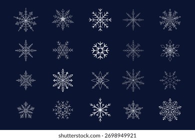 Schneeflocken-Set, weiße elegante Silhouetten aus silbernen Schneeflocken, Winterkristall. Linienschmuck, funkelt festliches Gestaltungselement. Trendy verschiedene Formen von Schnee, 