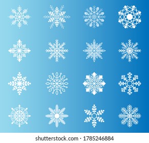 Schneeflocken auf weißem Hintergrund einzeln auf blauem Hintergrund. Schnee. Winterflache Vektordekorationen.