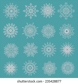 Snowflake set for winter design. Vector illustration Blue backdrop.