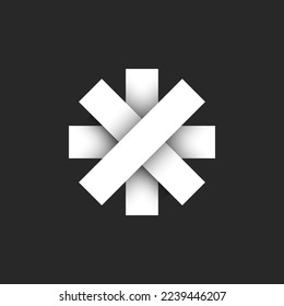 Snowflake shape logo or road overpass intersection icon, made of intersecting white stripes with 3d overlay layers and shadows.