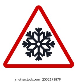 Snowflake shape on triangle sign warning about snow and ice. EPS vector illustration.