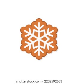 Snowflake shaped Christmas gingerbread cookie with icing decoration. Winter homemade sweets. Vector illustration isolated on white background. For holidays greeting card, invitation, other design 