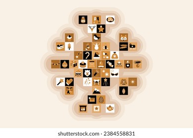 Snowflake shaped collage stacked of square icons with symbols and signs of Christmas. Pictograms in boho style. Festive New Year vector isolated on beige background for holiday design