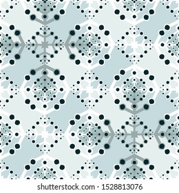 Snowflake shapes in combination of white and grey colour on grey shades background creating lace look. Seamless vector pattern.
