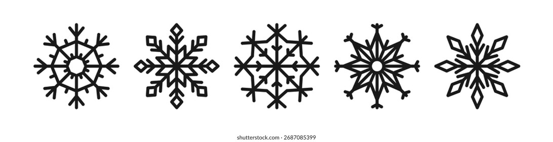 Formas de floco de neve definidas. Formas de flocos de neve de cristal geométrico, elementos de design de linha. Silhuetas pretas, ornamentos de férias de inverno, decorações. Ilustração de vetor plano isolada no plano de fundo branco