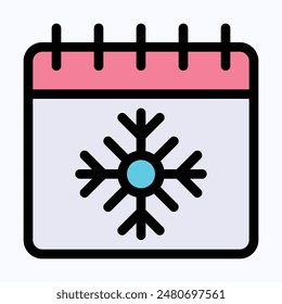 Icono de calendario de signo de copo de nieve. Vector Icono del calendario invernal. Icono de Vector de color lineal. 