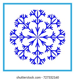 Snowflake sign in frame. Winter design. Image of snow season. Blue ice icon isolated on white background. Cold ornament symbol. Logo for christmas or frozen celebration. Stock vector illustration