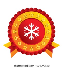 Snowflake sign icon. Air conditioning symbol. Red award label with stars and ribbons. Vector