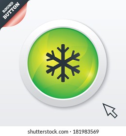 Snowflake sign icon. Air conditioning symbol. Green shiny button. Modern UI website button with mouse cursor pointer. Vector