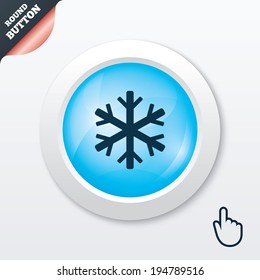 Snowflake sign icon. Air conditioning symbol. Blue shiny button. Modern UI website button with hand cursor pointer. Vector