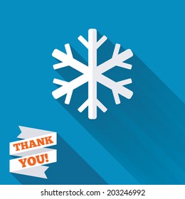 Snowflake sign icon. Air conditioning symbol. White flat icon with long shadow. Paper ribbon label with Thank you text. Vector