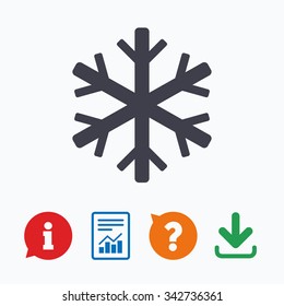 Snowflake sign icon. Air conditioning symbol. Information think bubble, question mark, download and report.