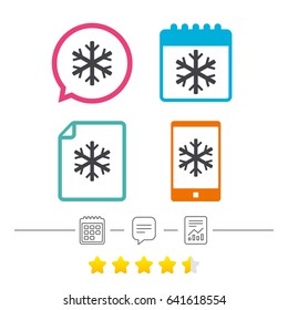 Snowflake sign icon. Air conditioning symbol. Calendar, chat speech bubble and report linear icons. Star vote ranking. Vector