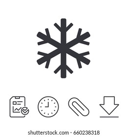Snowflake sign icon. Air conditioning symbol. Report, Time and Download line signs. Paper Clip linear icon. Vector