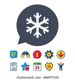 Snowflake sign icon. Air conditioning symbol. Information, Report and Speech bubble signs. Binoculars, Service and Download, Stars icons. Vector