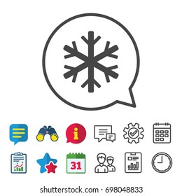 Snowflake sign icon. Air conditioning symbol. Information, Report and Calendar signs. Group, Service and Chat line icons. Vector