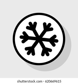 Snowflake sign illustration. Vector. Flat black icon in white circle with shadow at gray background.