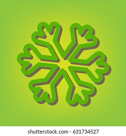 Snowflake sign illustration. Vector. Green line icon with brown shadow at green-yellow background.