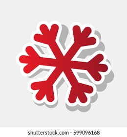 Snowflake sign illustration. Vector. New year reddish icon with outside stroke and gray shadow on light gray background.