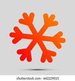 Snowflake sign illustration. Vector. Orange, red-yellow icon with shadow on gray background.