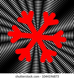 Snowflake sign illustration. Vector. Red icon on white and black radial interference as background.