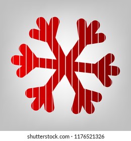 Snowflake sign illustration. Vector. Vertically divided icon with colors from reddish gradient in gray background with light in center.