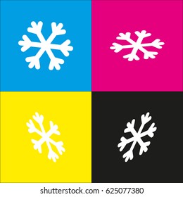 Snowflake sign illustration. Vector. White icon with isometric projections on cyan, magenta, yellow and black backgrounds.