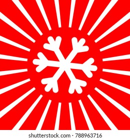 Snowflake sign illustration. Vector. White icon on red sun with rays as background. Isolated.