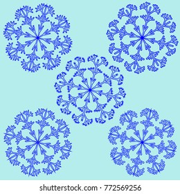 Snowflake sign set. Blue ice icons isolated on white background. Winter design. Image of snow season. Cold ornament symbol. Logo for christmas or frozen celebration. Stock vector illustration