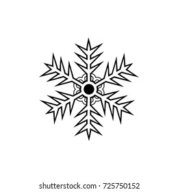 Snowflake sign. Snow flake icon. Silhouette design black snowflake on white background. Monochrome template for prints, textiles, card, label. Isolated graphic element. Flat vector illustration