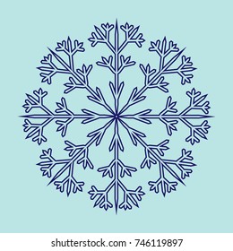 Snowflake sign. Winter design. Blue ice icon isolated on white background. Image of snow season. Cold ornament symbol. Logo for christmas or frozen celebration. Stock vector illustration